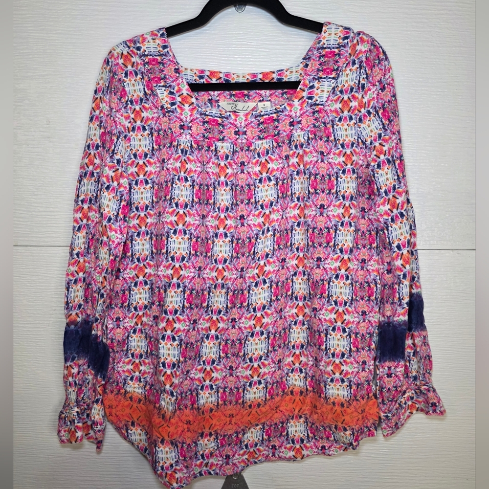 Caffe Marrakech long-sleeved peasant top boho blouse in a pink abstract floral